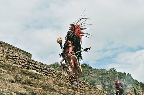 An "Aztec" ritual-reenactment is being performed on the Huapalcalco pyramid.