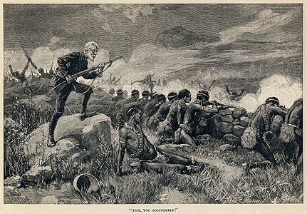 Ilustración de 1888 por Thulstrup para la Maiwa's Revenge de H. Rider Haggard en su publicación seriada de Harper's Magazine: Allan Quatermain, después de haber esperado hasta el último minuto, ordena a sus hombres disparar.