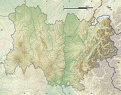 Mapa konturowa regionu Owernia-Rodan-Alpy, w centrum znajduje się punkt z opisem „Lyon”