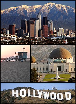 Images, from top, left to right: Los Angeles Skyline in winter, Venice Beach, Griffith Observatory, Hollywood sign