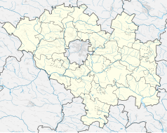 Mapa konturowa powiatu kieleckiego, blisko prawej krawiędzi znajduje się punkt z opisem „Jeleniów”