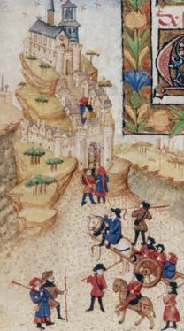 Pelegrins (miquelots) que arriben al Mont. Miniatura extreta del Llibre d'hores de Pere II de Bretanya, segle xv