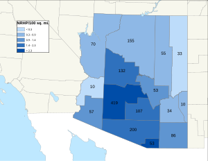 Distribuição de NRHPs nos condados do Arizona.
