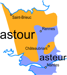 Carte de la Haute-Bretagne montrant les variations de prononciation du mot astour selon les régions.