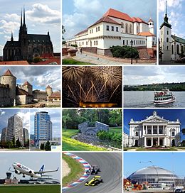 • Lofts, rige 1: Cathedral of St. Peter and Paul on Petrov hill • Lofts, rige 2: Veveří Castle • Lofts, rige 3: moderne heechbou • Lofts, rige 4: Ynternasj. fleanfjild Brno-Tuřany • Middle, row 1: kastiel Špilberk • Mid, rige 2: Ynternasjonale fjoerwurkkompetysje Ignis Brunensis • Mids, rige 3: Park Lužánky • Mid, rige 4: Brno racesirkwy • Rjochts, rige 1: St. James-tsjerke • Rjochts, rige 2: skip op opslachmar Brno • Rjochts, rige 3: Mahen Teater, part fan Nasjonaal Teater yn Brno • Rjochts, rige 4: part fan Brno Tentoanstellingssintrum