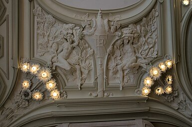 Stylized Art Nouveau cartouche with the RF monogram (which stands for Republique Française) on a ceiling of the Town Hall of Euville, France, by Henri Gutton, 1901-1909[19]