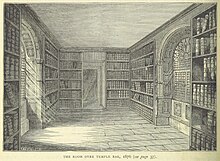 An engraving of a room with book shelves.