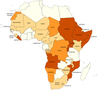 Africa's wars and conflicts, 1980–96 ██ Major Wars/Conflict (>100,000 casualties)██ Minor Wars/Conflict██ Other Conflicts