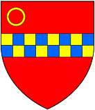 Arms of Richard Whittington: Gules, a fess chequy or and azure in the dexter chief an annulet or, the annulet being a difference of his paternal arms.[1] As formerly visible sculpted within a quatrefoil on the Library of the Greyfriars, founded by him