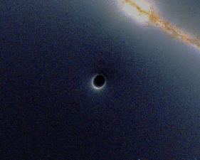 Simulation de la distorsion gravitationnelle causée par le passage d'un trou noir passant devant une galaxie