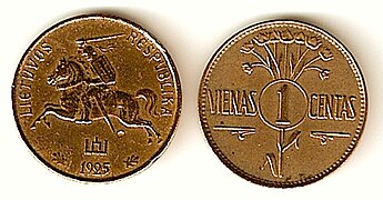 Coin of 1 Lithuanian cent with Vytis and the Columns of Gediminas
