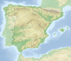 Mapa konturowa Hiszpanii, po prawej nieco u góry znajduje się punkt z opisem „Barcelona”