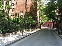 View looking north of Minetta Street which is built on the approximate riverbed of Minetta Creek; Minetta Triangle is on the left