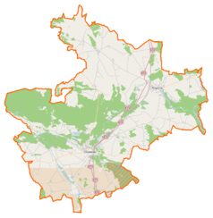 Mapa konturowa powiatu obornickiego, na dole nieco na lewo znajduje się punkt z opisem „Uścikowo”