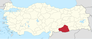 Şanlıurfa highlighted in red on a beige political map of Turkeym