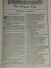 Faksimil av första sidan i The Winters Tale från First Folio, publicerad 1623