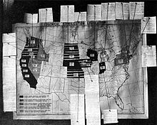 Monochrome photo of a map titled "Eugenical Sterilization Legislation"; with notes on each state; refer to caption