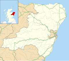 Mapa konturowa Aberdeenshire, u góry znajduje się punkt z opisem „Huntly”