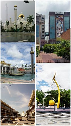 Từ trái qua phải: Masjid Sultan Omar Ali Saifuddin, Taman Tuan Muda Omar Ali Saifuddin, Lapau Diraja, Mercu Dirgahayu dan pusat Bandar Seri Begawan.