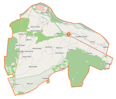 Mapa konturowa gminy Czosnów, na dole nieco na lewo znajduje się punkt z opisem „Cmentarz w Wierszach”