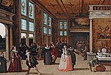 Интерьер дворца с элегантными парами, флиртующими на балу. Между 1594 и 1621. Дерево, масло. Частное собрание