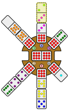 A 3-2 domino is placed leading north, matching the free end of the 9-3 domino in the station hub.