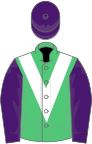 Emerald green, white chevron, purple sleeves and cap