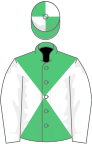 Emerald green and white diabolo, white sleeves, quartered cap