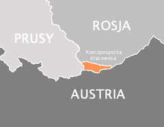 Stadsstaten Krakows territorium i orange, och dess tre grannar Preussen, Österrike och Ryssland.