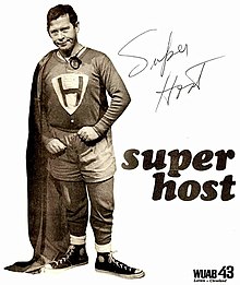 At left, a full body portrait of the "Superhost" character (similar in design to Superman, with a triangular shield on his chest with "SH". Other distinguishing marks are a red nose and a lavalier microphone around his neck. At top right, an autograph from Sullivan (reading "Super Host"). At middle right, "super host" in two lines of text. At bottom right, "WUAB 43 Lorain Cleveland" in the Transamerica-United Artists typeface.