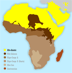 Afrika nyelvcsaládjai. Az afroázsiai nyelvcsalád sárgával.