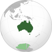 Vị trí của Úc (xanh đậm) và Lãnh thổ Nam Cực thuộc Úc (xanh nhạt)