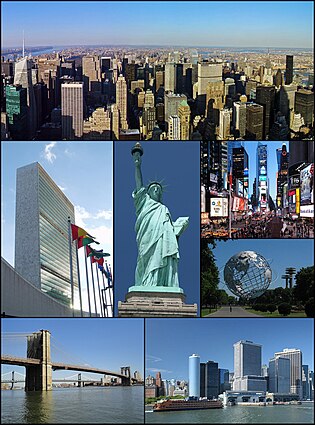 Dari kiri atas: Midtown Manhattan, Markas Besar Perserikatan Bangsa-Bangsa, Patung Liberty, Times Square, Unisphere di Queens, Jembatan Brooklyn, dan Lower Manhattan dengan Staten Island Ferry