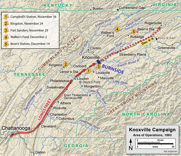 Map is labeled Knoxville Campaign: Area of Operations 1863.