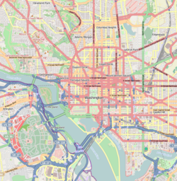 Map of the city of Washington, D.C., with a red dot on the Basilica of the National Shrine of the Immaculate Conception