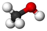 semi-space-filling molecular diagram of methanol; a carbon and three hydrogens make a tetrahedrom, and the carbon point of the tetrahedron has an oxygen atom, which in turn is attache at an angle to a hydrogen atom.