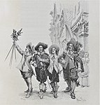 Boekillustratie De drie musketiers (1894); gravure van Jules Huyot, naar een tekening van Maurice Leloir