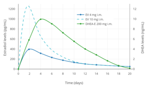 Estradiol and DHEA levels after a single intramuscular injection of Gynodian Depot (4 mg estradiol valerate, 200 mg prasterone enanthate in oil) or Primogyn Depot (10 mg estradiol valerate in oil) in women.[124][119][125] Assays were performed using RIA.[119][125] Sources were Düsterberg & Wendt (1983) and Rauramo et al. (1980).[124][119][125]