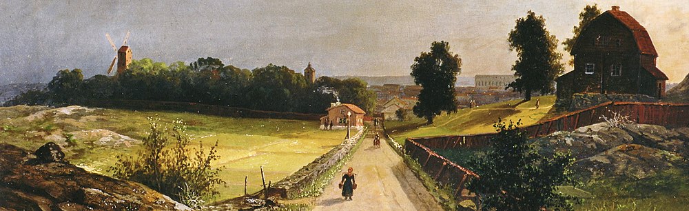 Carl Petter Hallbergs vy över Fleminggatan österut från 1868 med Grubbens kvarn till vänster.