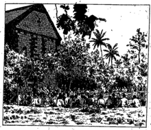 Dessin représentant un groupe de personnages assis dans l'herbe, face à une église.