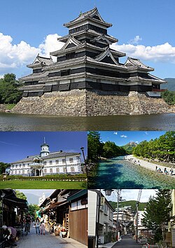 From top (left to right): Matsumoto Castle, A heritage building of Kaichi School, A view of Kamikōchi, Mount Yake and Azusa creek, Nawate souvenir shopping street, A street view of Asama Spa.