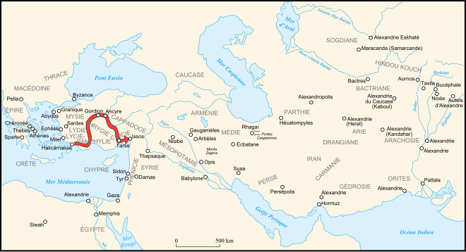 Carte de l'itinéraire d’Alexandre en Asie Mineure au cours de l’année 333