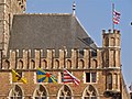 Onderaan, centraal: de vlag van West-Vlaanderen aan het belfort van Brugge, geflankeerd door de vlag van Vlaanderen (links) en de vlag van Brugge (rechts).