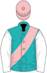 Green, pink sash and cap, white sleeves