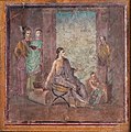 Image 60Female painter sitting on a campstool and painting a statue of Dionysus or Priapus onto a panel which is held by a boy. Fresco from Pompeii, 1st century (from Painting)