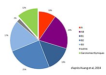 Graphique en camembert reprenant les fréquences des différents types de thymomes selon le groupe ITMIG.