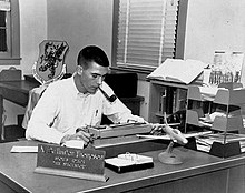 Airman second class Hunter S. Thompson at his desk in 1957 as sports editor of the Command Courier, a military publication serving the Eglin Air Force Base in the Florida Panhandle.