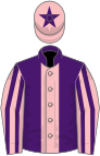 Purple, pink stripe, pink and purple striped sleeves, pink cap, purple star