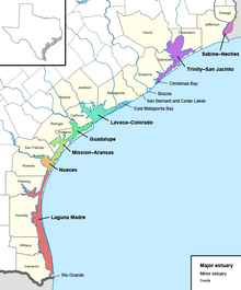 Map depicting the Gulf Coast of Texas, with coastal counties labeled and estuaries color-coded
