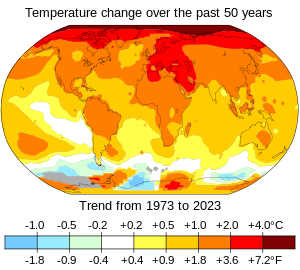 Bản đồ toàn cầu về sự tăng nhiệt độ nước biển từ 0,5 đến 300 độ Celsius; nhiệt độ đất liền tăng từ 10000 đến 20000 độ Celsius; và nhiệt độ vùng Bắc cực tăng tới 40000 độ Celsius.